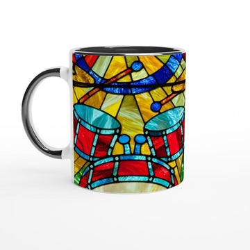 Colorful Stained Glass Mosaic Drums Mug - 11oz White Ceramic Mug for Musicians - Dishwasher Safe