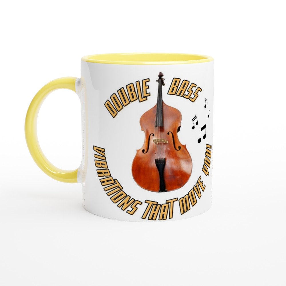 DOUBLE BASS music MUG - White 11oz Ceramic Mug - vibrations that move you! - Present for music enthusiast, birthday gift, band practice