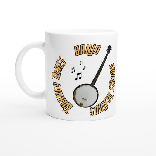 BANJO MUSIC MUG - White 11oz Ceramic Mug - Twangy Tunes Soulful Strums - Present for music enthusiast, birthday gift, band practice