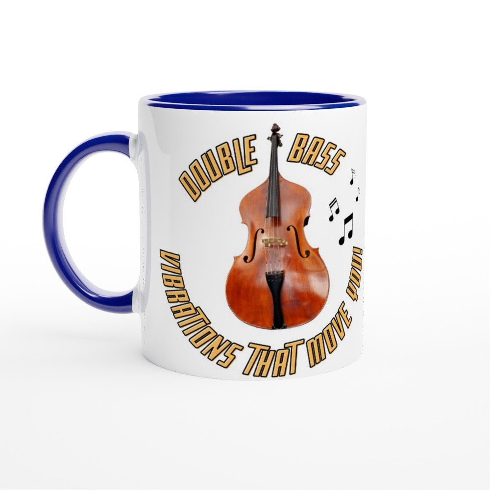 DOUBLE BASS music MUG - White 11oz Ceramic Mug - vibrations that move you! - Present for music enthusiast, birthday gift, band practice