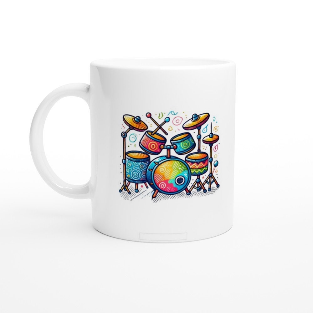 DRUMSET SKETCH MUG - 11oz Ceramic Mug, Present for music enthusiast, birthday gift, band practice