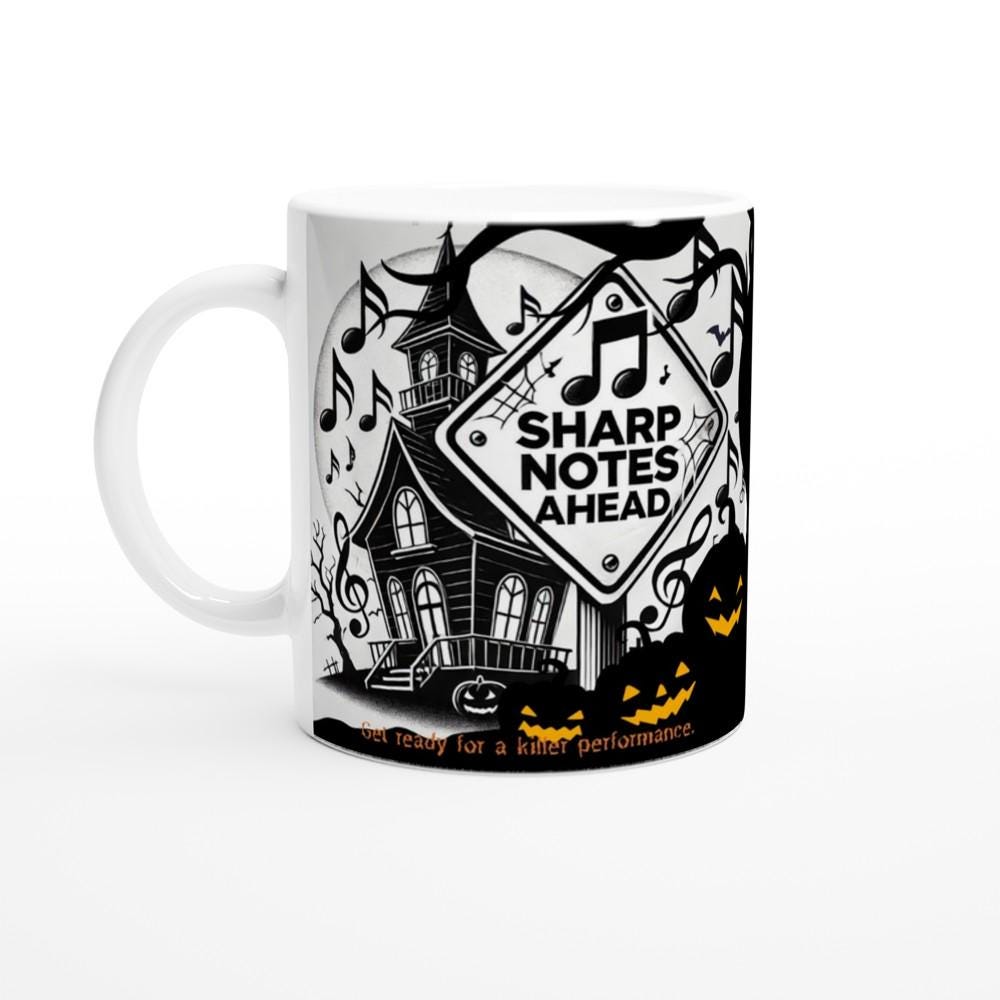 Sharp Notes Haunted House Mug – Fun and Spooky Music Lover Gift for Halloween - 11oz Ceramic Mug Ceramic White