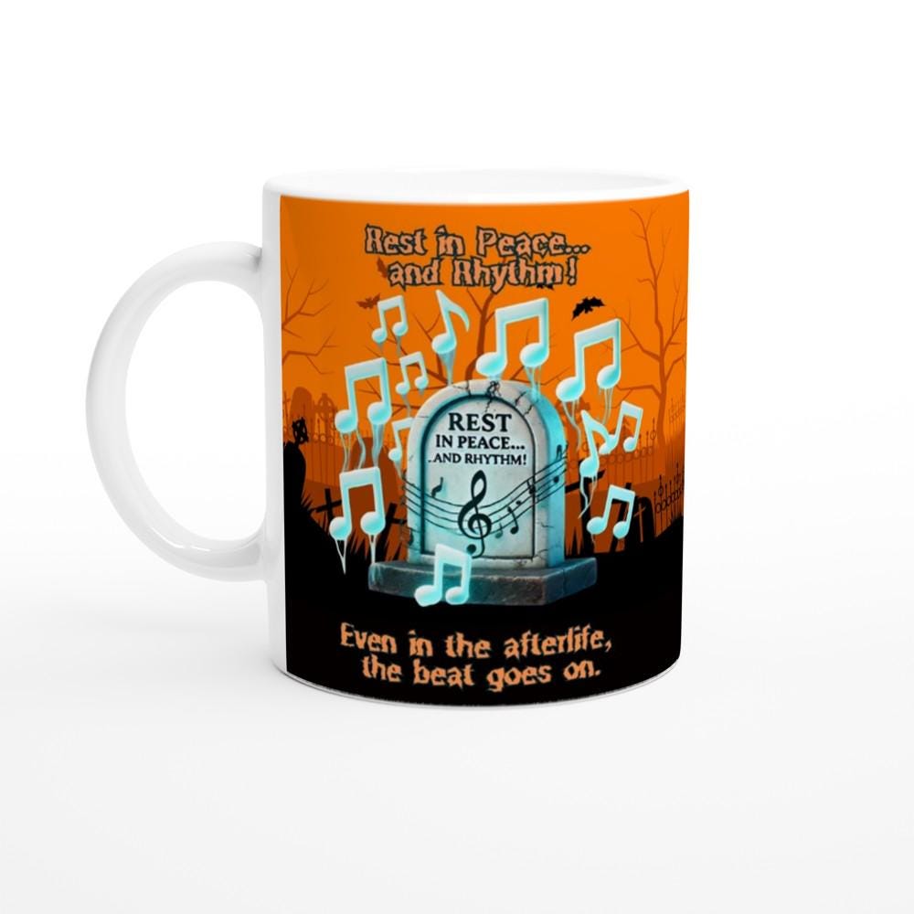 Rest in Peace and Rhythm Gravestone Halloween Music Mug – Quirky Spooky Gift for Music Lovers -11oz Ceramic Mug