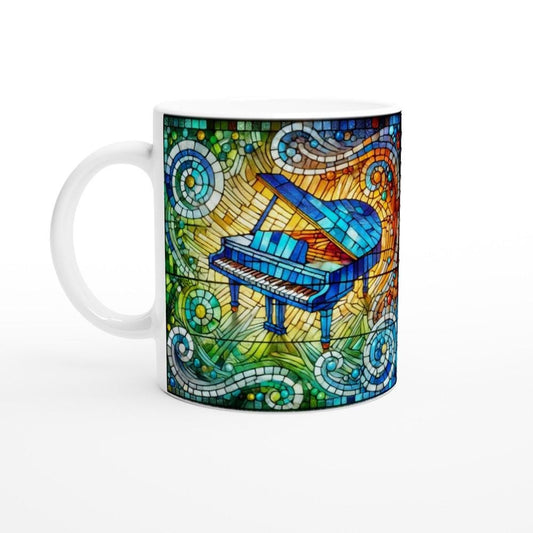 Stained Glass Mosaic Piano Mug - 11oz White Ceramic Mug for Musicians - Dishwasher Safe