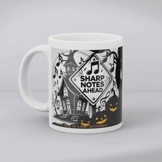 Sharp Notes Haunted House Mug – Fun and Spooky Music Lover Gift for Halloween - 11oz Ceramic Mug Ceramic White